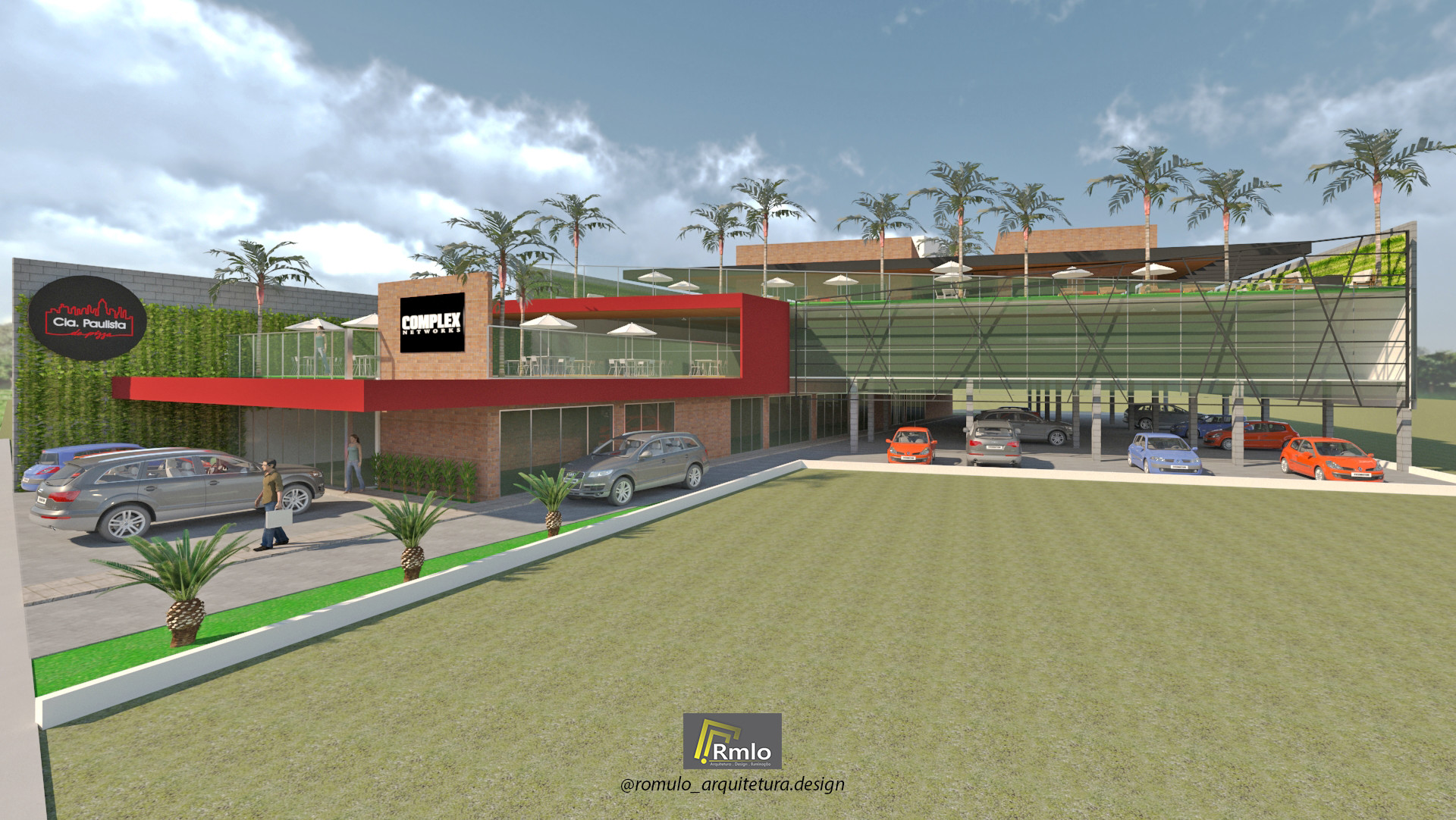 Complexo comercial com galeria de lojas e restaurantes rooftop